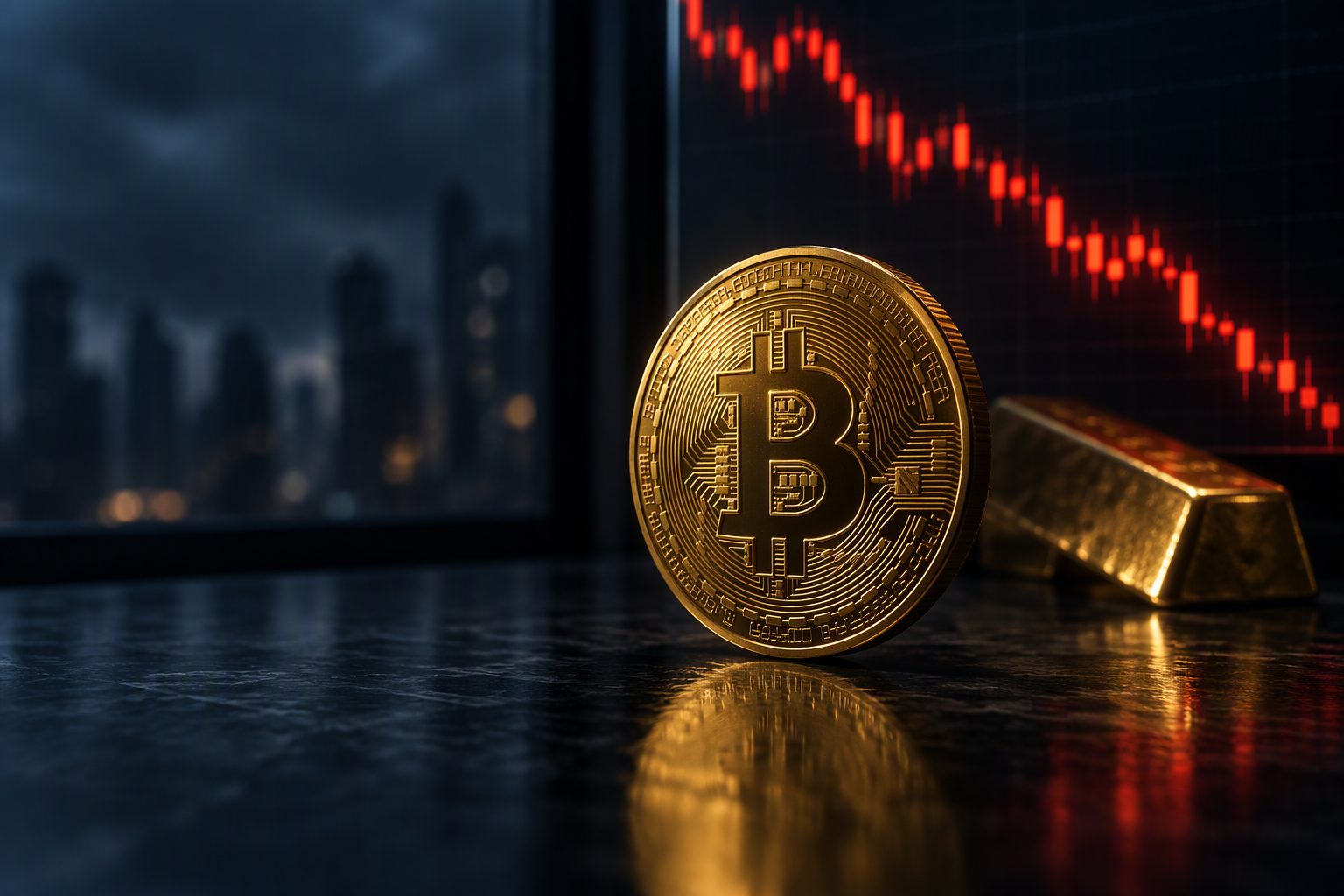 金色比特币硬币立在深色桌面上，背后是下跌的红色K线与下沉的金条
