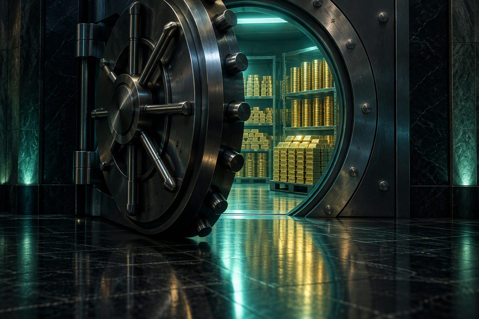 半开的圆形金库大门，里面整齐码放着金条与成捆硬币
